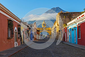 Antigua City at Sunrise with Agua Volcano, Guatemala photo