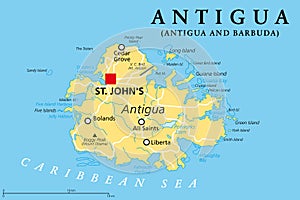 Antigua, island in the Lesser Antilles in the Caribbean, political map