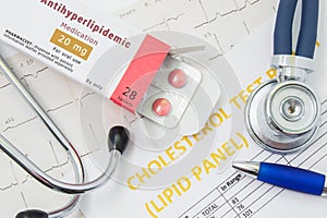 Antihyperlipidemic drug concept photo. Open packaging with drugs tablets, on which written `Antihyperlipidemic Medication`, lies