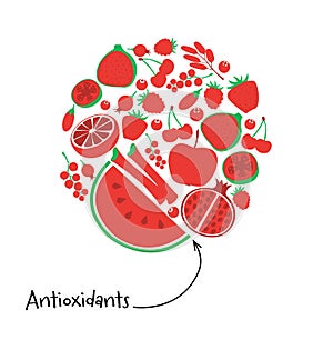 Antioxidant red fruit and berry icon set. Round illustration vegetarian fresh healthy dessert. Vegan food diet pomegranate photo