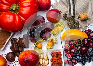 Antioxidants, resveratrol food as green tea, grape, blueberry, apricot, apple, cocoa, tomatoes, pomegranate, physalis, dark