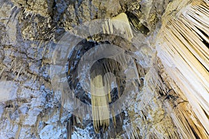 Antiparos cave in Cyclades in Greece with stalactites and stalagmites.