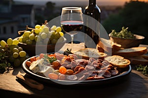 Antipasta in a wine tasting in a vine in the umbria, overlooki photo