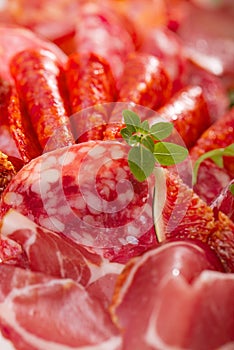 Antipasti Platter of Cured Meat, jamon, sausage, salame closeu photo