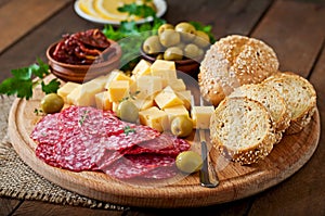 Antipasto catering platter with salami and cheese photo