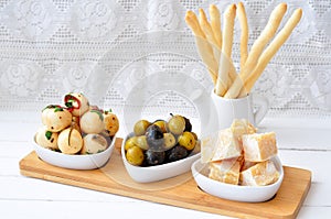 Antipasto, egg, olives, chesse, parma various appetizer food traditional