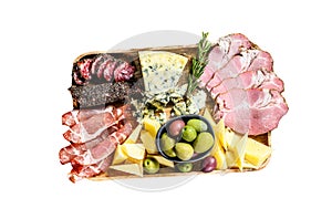 Antipasto platter with ham, prosciutto, salami, blue cheese, mozzarella and olives. Isolated on white background. Top