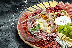 Antipasto platter jamon, prosciutto, ham, beef jerky, salami and cheese platter. Appetizer, catering food concept. place for text