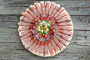 Antipasto platter jamon, prosciutto, ham, beef jerky, salami and cheese platter. Appetizer, catering food concept. place for text