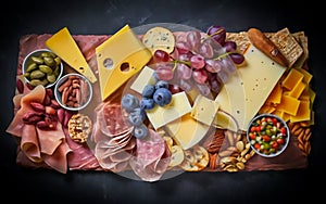 Antipasto platter with prosciutto crudo or jamon, ham, salami, cheese, olives and grapes/ Elegant charcuterie board