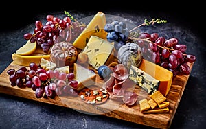 Antipasto platter with prosciutto crudo or jamon, ham, salami, cheese, olives and grapes/ Elegant charcuterie board