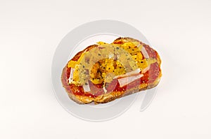 Antipasto vegano:bruschetta con pane,pomodoro,peperone e cipolla. vegan appetizer made of a slice of bread,tomato pepper and onion photo