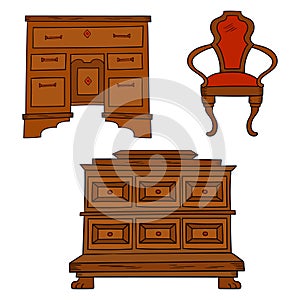 Antiqu furniture set - antique bureau, table, chair isolated on white