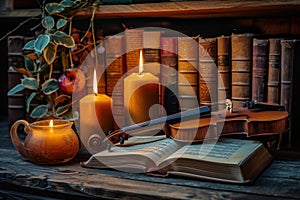 Antiquated Vintage instruments candles books. Generate AI