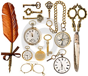 Antique accessories. antique keys, clock, scissors, compass