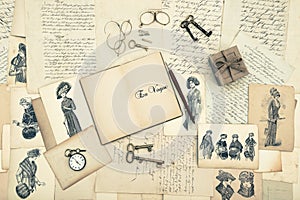 Antique accessories, old letters and fashion drawings photo
