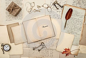 Antique accessories old letters gift box watch keys Autumn background