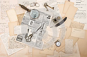 Antique accessories, old letters and postcards. ephemera