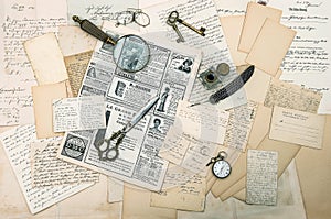 Antique accessories, old letters and postcards. ephemera