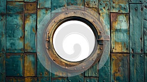 Antique Aged Brass Ship Porthole Mounted on a Wooden Hull with a White Background. Generative AI