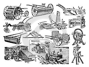 Antique agricultural equipment like ploughing nice collection / Vintage and Antique illustration from Petit Larousse 1914