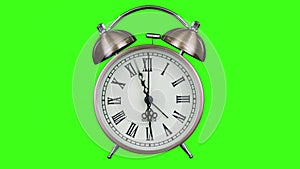 Antique alarm clock with hour and minute hands spinning on green screen