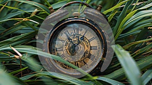 Antique alarm clock nestled among lush green foliage, blending time with nature