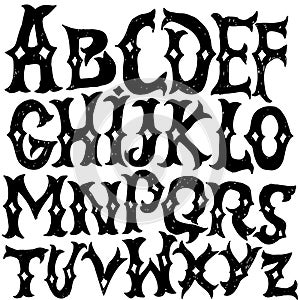 Antique alphabet. Gothic letters. Vintage hand drawn font. Western vector grunge lettering.