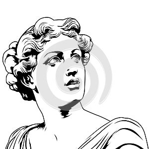 Antique ancient Greek statue - young woman looks at the copy space, vector illustration in cartoon comic style, black and white