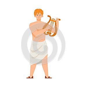 Antique Apollo god with musical harp, flat cartoon vector illustration isolated.