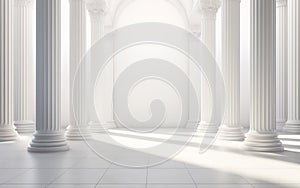 Antique architectural white panorama with shadow from columns. Abstract light background