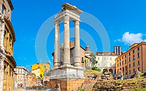 Antique architecture of Rome. Ancient columns at the site of the ruins.