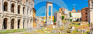 Antique architecture of Rome. Panorama of the Roman amphitheater and columns on the ancient ruins