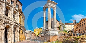 Antique architecture of Rome. Panorama of the Roman amphitheater and columns on the ancient ruins.