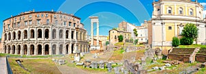 Antique architecture of Rome. Panorama of the Roman amphitheater and columns on the ancient ruins.