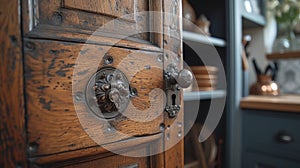 An antique armoire is od to reveal a hidden entrance to a secret room. The ornate details and aged wood give the photo