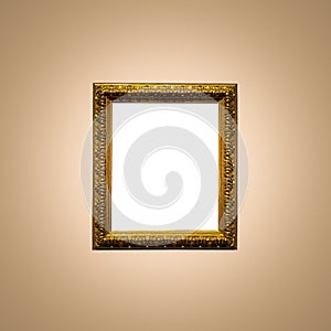 Antique art fair gallery frame on beige wall at auction house or museum exhibition, blank template with empty white