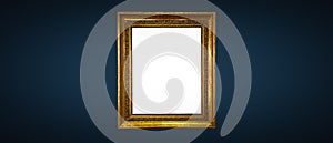 Antique art fair gallery frame on royal blue wall at auction house or museum exhibition, blank template with empty white copyspace
