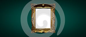 Antique art fair gallery frame on royal green wall at auction house or museum exhibition, blank template with empty white