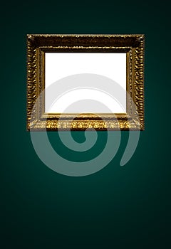 Antique art fair gallery frame on royal green wall at auction house or museum exhibition, blank template with empty white