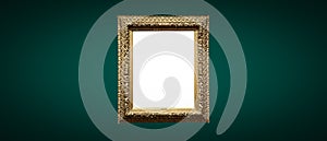 Antique art fair gallery frame on royal green wall at auction house or museum exhibition, blank template with empty white