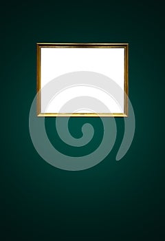 Antique art fair gallery frame on royal green wall at auction house or museum exhibition, blank template with empty white