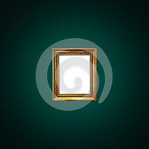 Antique art fair gallery frame on royal green wall at auction house or museum exhibition, blank template with empty white