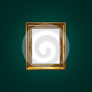 Antique art fair gallery frame on royal green wall at auction house or museum exhibition, blank template with empty white