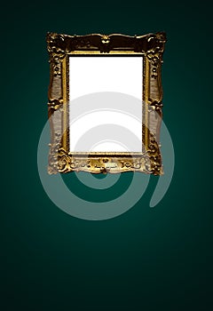 Antique art fair gallery frame on royal green wall at auction house or museum exhibition, blank template with empty white