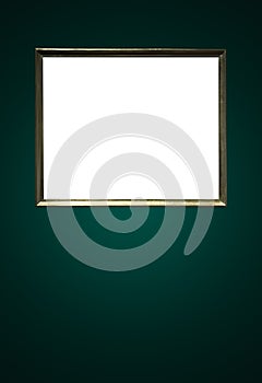 Antique art fair gallery frame on royal green wall at auction house or museum exhibition, blank template with empty white