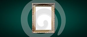 Antique art fair gallery frame on royal green wall at auction house or museum exhibition, blank template with empty white