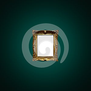 Antique art fair gallery frame on royal green wall at auction house or museum exhibition, blank template with empty white