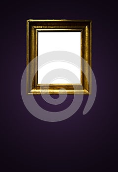 Antique art fair gallery frame on royal purple wall at auction house or museum exhibition, blank template with empty