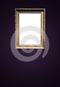 Antique art fair gallery frame on royal purple wall at auction house or museum exhibition, blank template with empty